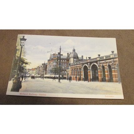 Early Milton postcard - Midland Railway Station, Leicester - Train interest