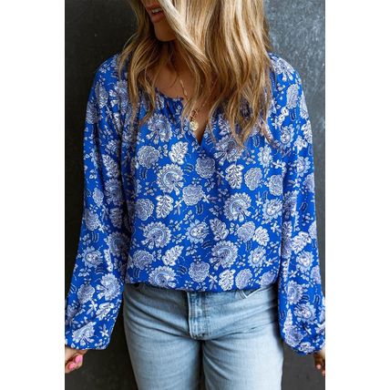 Blue Floral Notched V-Neck Long Sleeve Blouse
