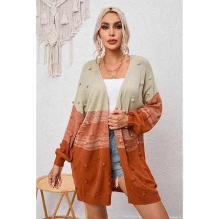 Brown Pompom Color Block Open Front Cardigan