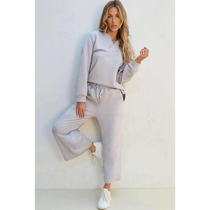 Light Grey Solid Textured Collared V Neck Top and Wide Leg Pants Set