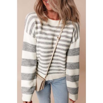 Gray Stripe Drop Shoulder Crew Neck Sweater