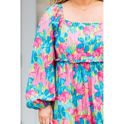 Sky Blue Floral Allover Print Shirred Square Neck Plus Size Maxi Dress