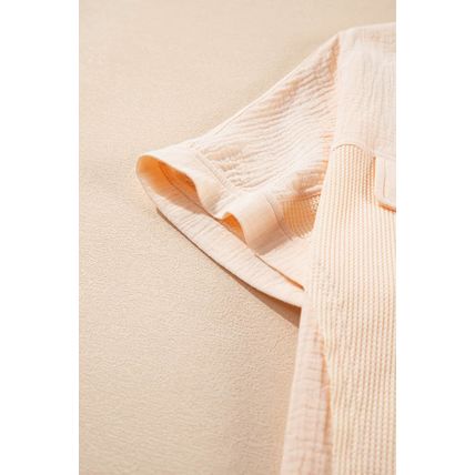 Beige Waffle Splicing Short Batwing Sleeve Flap Detail Shirt