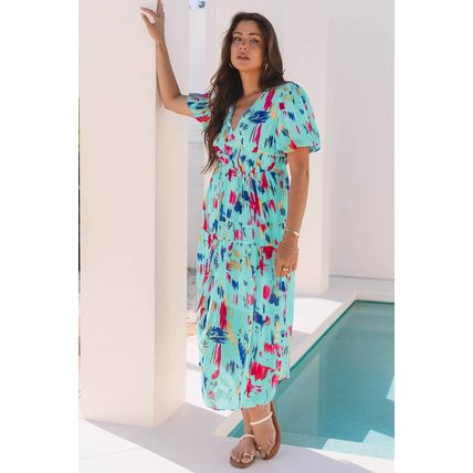 Sky Blue Abstract Print Short Puff Sleeve Tiered Maxi Dress
