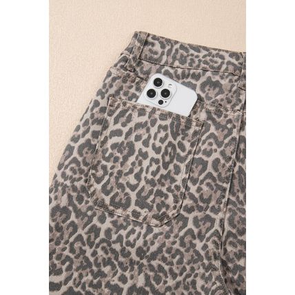 Brown Leopard Frayed Edge Wide Leg High Waist Jeans