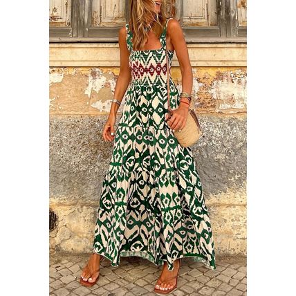 Green Western Aztec Shirred A-line Sleeveless Maxi Dress