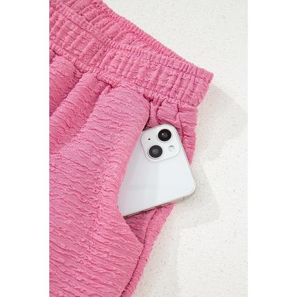 Pink Textured V Neck T Shirt and Shorts Set
