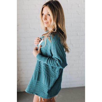 Lapis Mix Pattern Hollowed Knit Open Front Cardigan