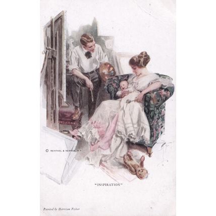 Reinthal & Newman Postcard H Fisher Inspiration Man painting Woman & Baby