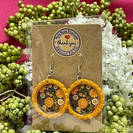 Green Floral Bottle Cap Retro 60's Dangle Fish-hook Earrings Handcrafted