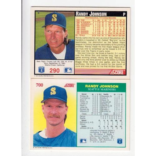 Lot of Two 1991 Score Randy Johnson baseball cards #290, #700 – Mariners