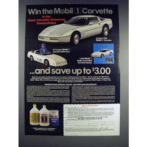 1986 Mobil Oil Ad - Win the Mobil 1 Corvette