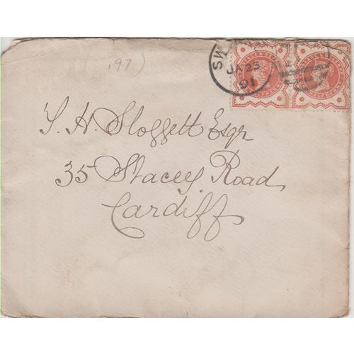 GB 1891 cover Swansea to Cardiff with nice pair Jubilee 0.5d Oranges see others