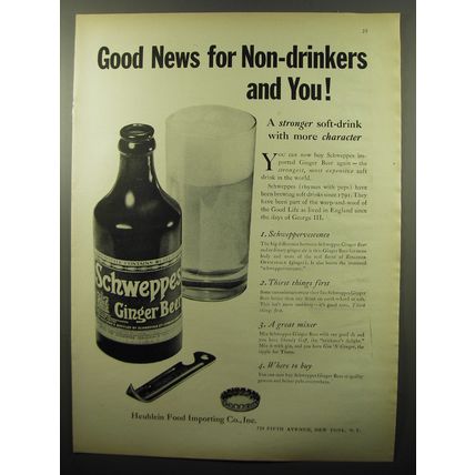 1950 Schweppes Ginger Beer Ad - Good news for non-drinkers and you!
