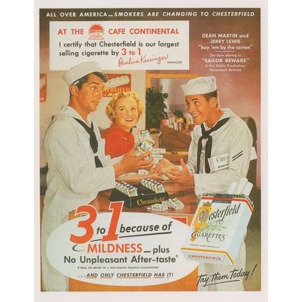Dean Martin Jerry Lewis Smoking Chesterfield Cigarettes Advertising Postcard