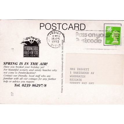 Pembrokeshire Coast and Country Holidays Postcard posted 1993 crease
