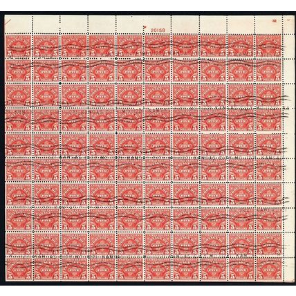J78, Used Sheet of 100 $5 Postage Due Stamps RARE! .. Stuart Katz