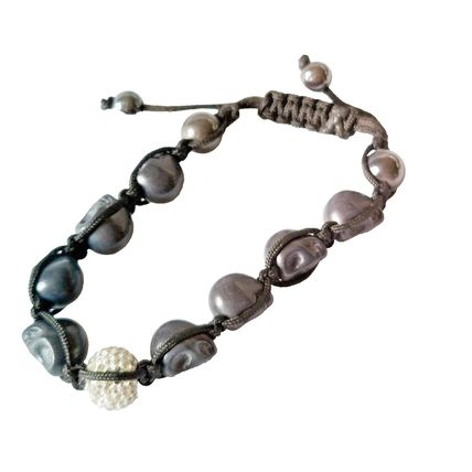 Skull Bracelet Woman Beads Adjustable Black Cord Steel Skull Biker Costume A55