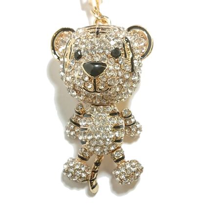 Large Tiger King Cat Keyring Silver Crystal Diamante Bag Charm Key Ring Gold