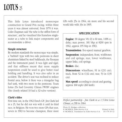 Collectors Club card. Classic Cars. Lotus 25
