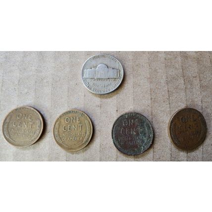 Lot of 4 Wheat Pennies 1940-50's Plain & One 1947 D Jefferson Nickel