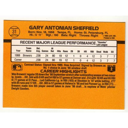 1989 Donruss Gary Sheffield rookie baseball card #31 – *denotes*