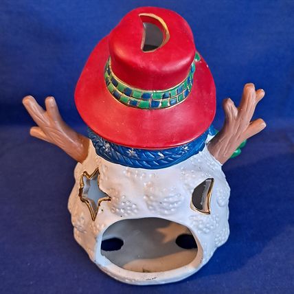 Christmas SNOWMAN Tealight CANDLE HOLDER Winter Scarf Figurine Ceramic Stars
