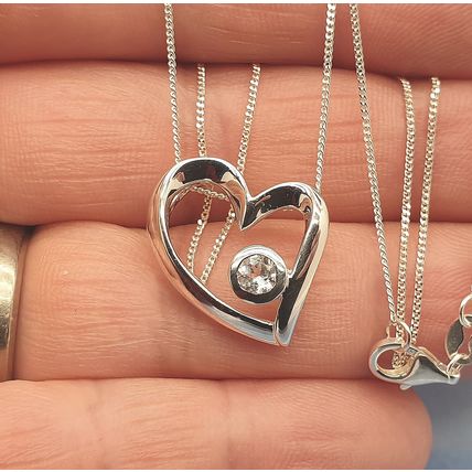 Vintage 925 Sterling Silver and Cubic Ziconia Heart Slider Pendant Necklace