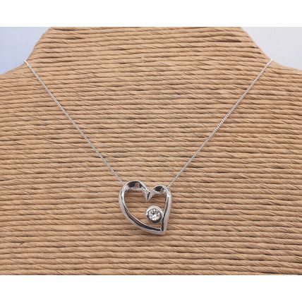 Vintage 925 Sterling Silver and Cubic Ziconia Heart Slider Pendant Necklace