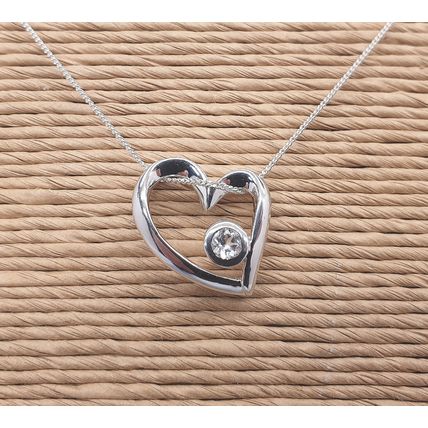 Vintage 925 Sterling Silver and Cubic Ziconia Heart Slider Pendant Necklace