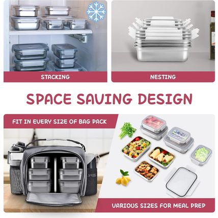 10 PC Square 304 Stainless Steel Food Containers with Lids, Airtight Bento Lunch