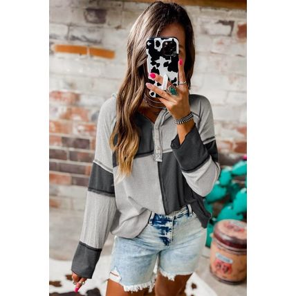 Gray Colorblock Seamed Ribbed Henley Hoodie