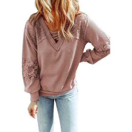 Pink Lace Waffle Patchwork Strappy V Neck Long Sleeve Top