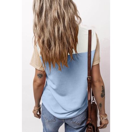 Light Blue Rib Textured Colorblock T Shirt