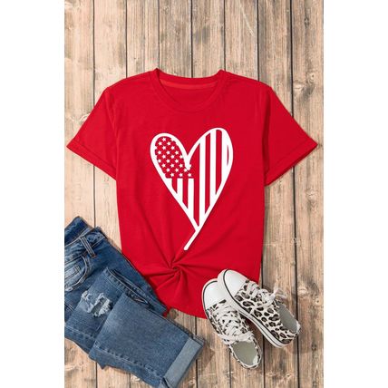 Red USA Flag Heart Shape Crewneck Graphic T Shirt