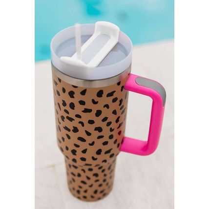Brown Leopard Printed Handled Cup with Straw 40oz