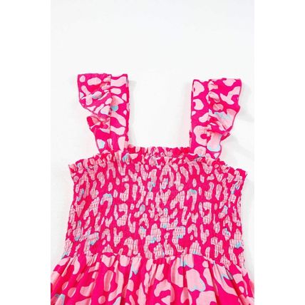 Pink Leopard Ruffle Straps Smocked High Waist Long Dress
