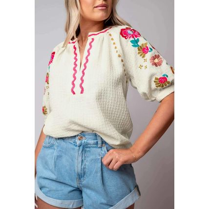 Beige Floral Embroidered Ricrac Puff Sleeve Textured Blouse
