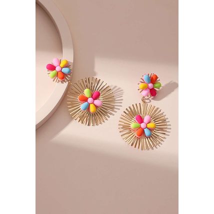 Red Colorful Flower Gold-pleated Dangle Earrings