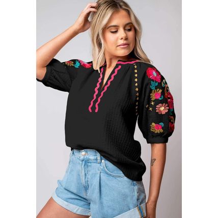 Black Floral Embroidered Ricrac Puff Sleeve Textured Blouse
