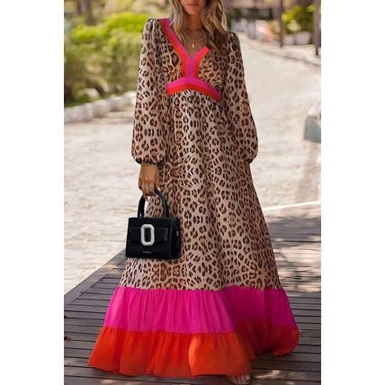Brown Leopard Color Block V Neck Loose Fit Maxi Dress