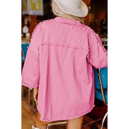 Bonbon Pearl Beaded Raw Hem Button Up Denim Jacket