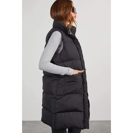 Black Windproof Longline Full Zipper Puffer Vest with Pockets