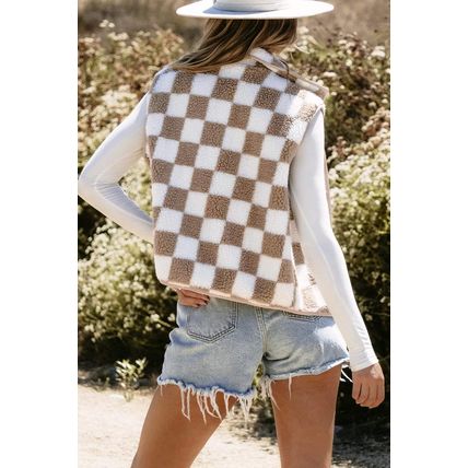 Khaki Checkered Sherpa Collared Jacket Vest