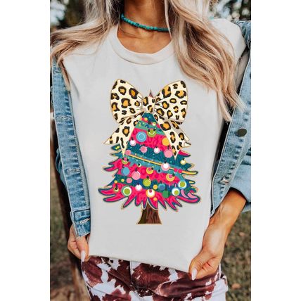 White Leopard Bow Décor Christmas Tree Graphic Crew Neck Tee