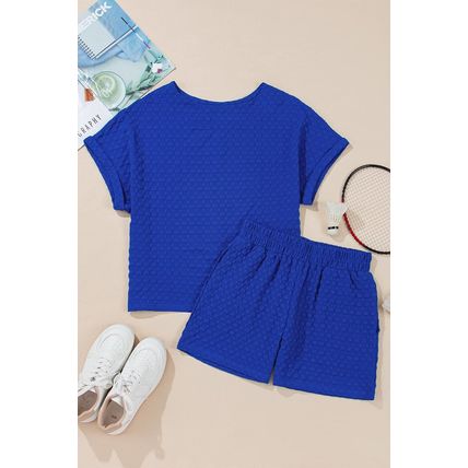 Sky Blue Jacquard Textured Buttoned Tee and Shorts Set