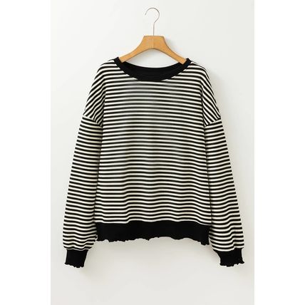 Black Stripe Loose Drop Shoulder Long Sleeve Top