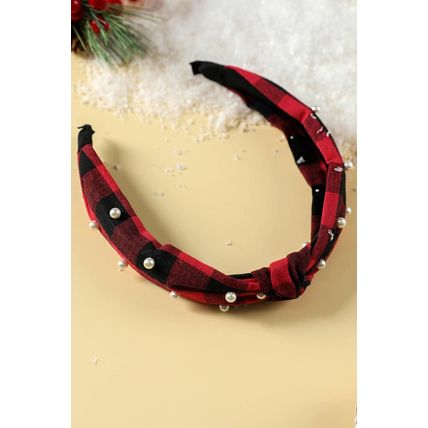 Red Dahlia Pearl Decor Christmas Plaid Knotted Headband
