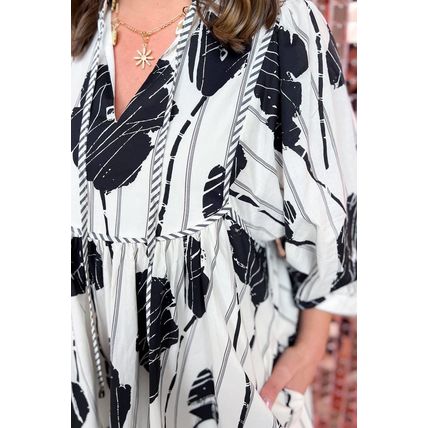 Black Plus Size Floral 3/4 Puff Sleeve Lace-up Neck Mini Dress