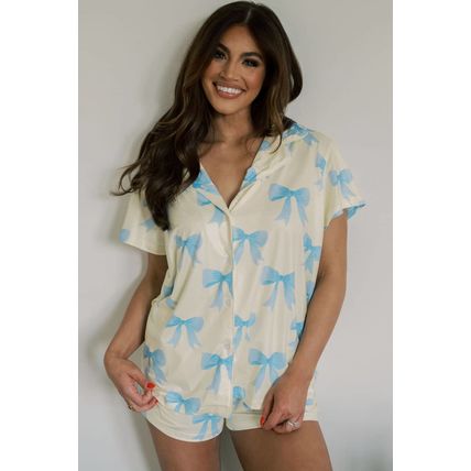 Yellow Bow Printed Short Sleeve Shirt Shorts Pajama Set